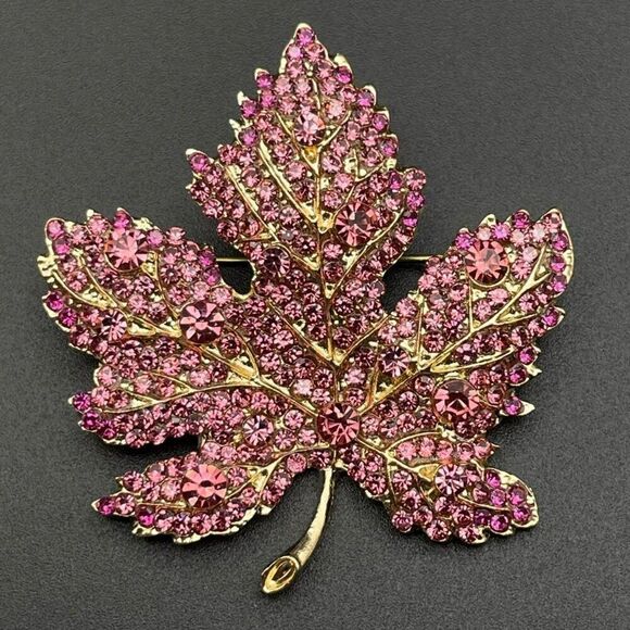 Yellow Gold with Pink Sapphire Crystal Single Maple Leaf Pin Back Brooch - Picture 1 of 8